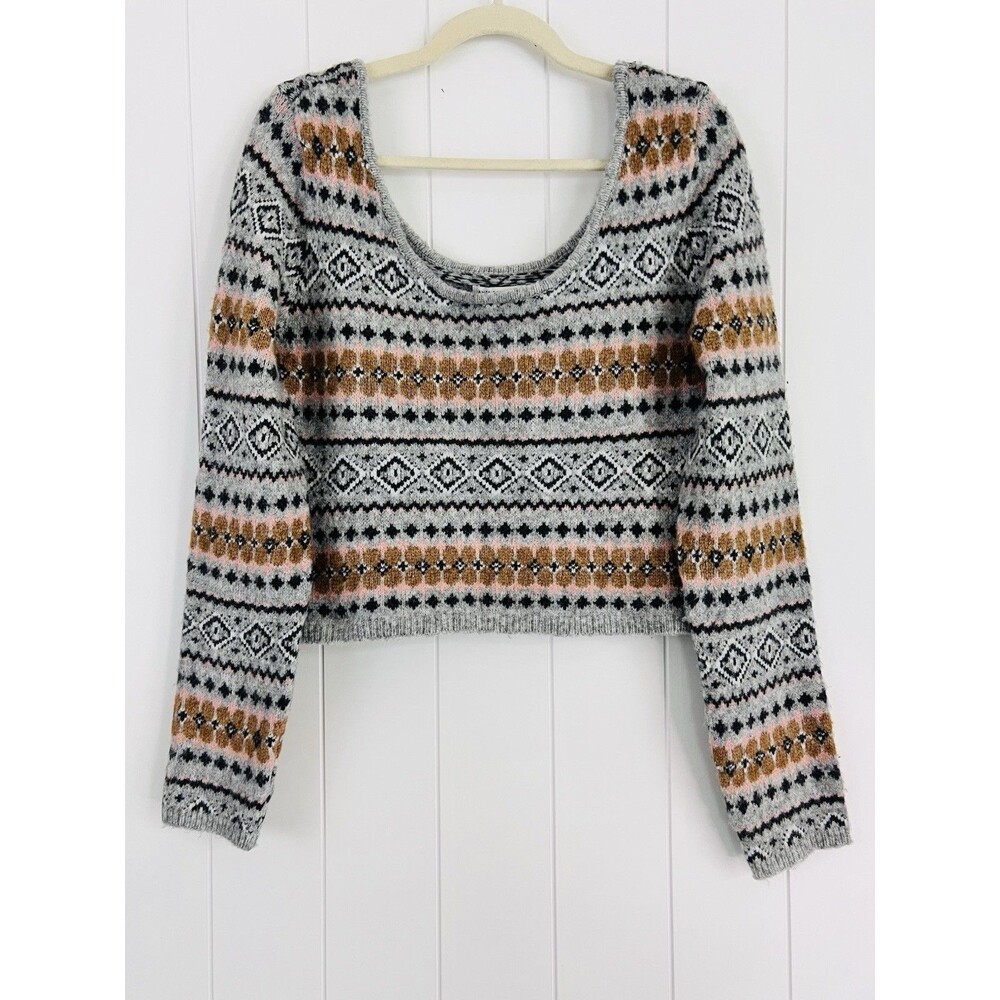 American Eagle Gray Aztec Wool Blend Geometric Cropped Soft Cozy Sweater Size XL